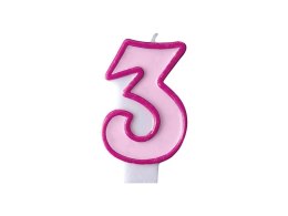 Świeczka urodzinowa Cyferka 3 w kolorze różowym 7 centymetrów Partydeco (SCU1-3-006) Partydeco