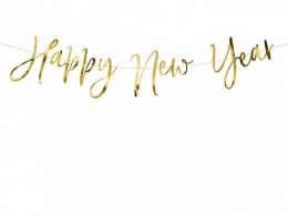 Baner Happy New Year wykonany z papieru w kolorze złotym lustrzanym długość ok. 66 cm, wysokość ok. 18 cm Partydeco (GRL88-019M) Partydeco
